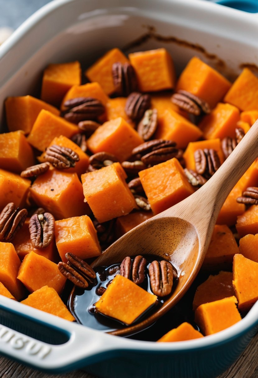 A wooden spoon mixing sweet potatoes, maple syrup, and pecans in a casserole dish