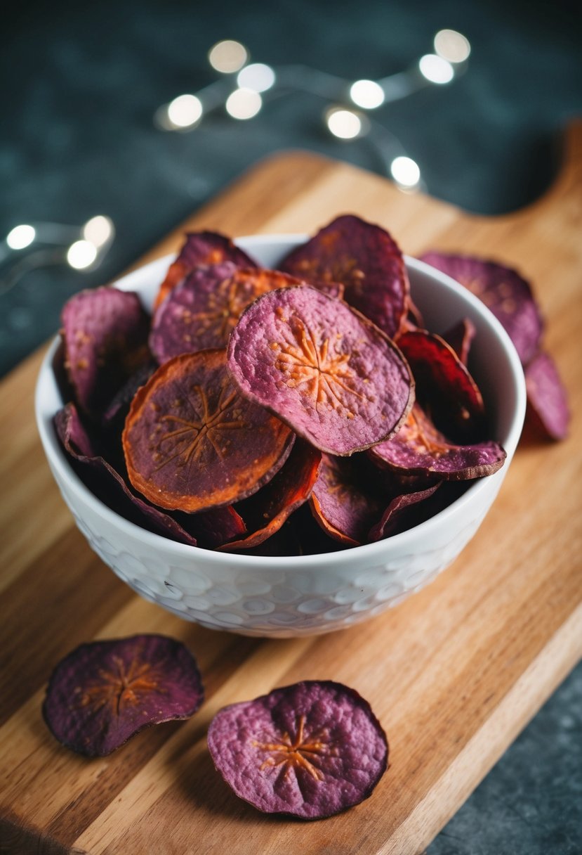 A bowl of crispy purple sweet potato chips on a wooden board