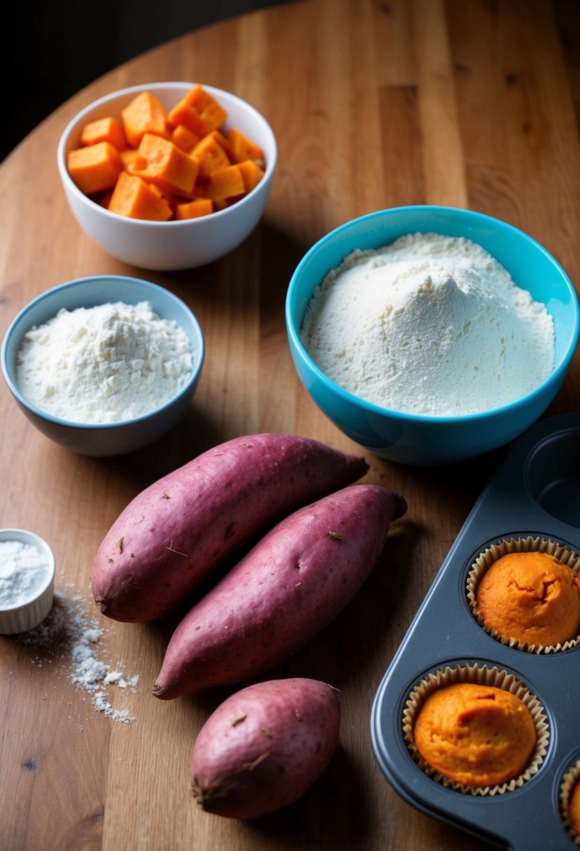 A table with fresh purple sweet potatoes, a mixing bowl, flour, and a muffin tin