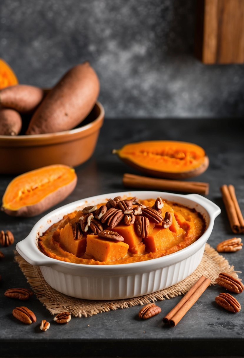 A rustic kitchen counter with a bubbling sweet potato casserole in a ceramic dish, surrounded by fresh sweet potatoes, cinnamon sticks, and a sprinkle of pecans