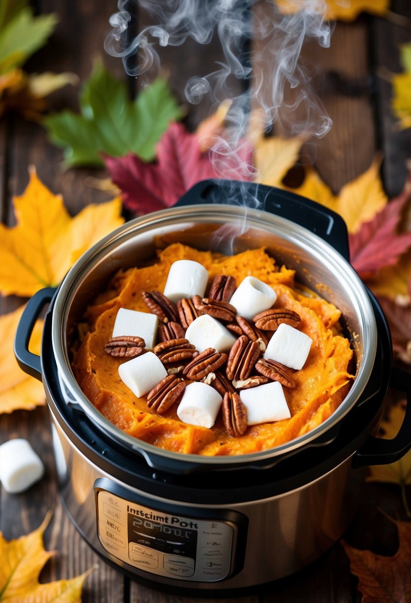 A steaming Instant Pot filled with sweet potato casserole, topped with pecans and marshmallows, surrounded by autumn leaves