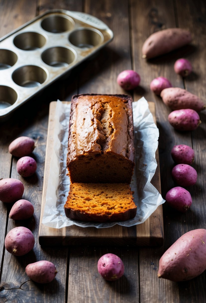 A rustic kitchen scene with a wooden table holding a loaf of purple sweet potato bread, surrounded by scattered purple sweet potatoes and a vintage baking tray