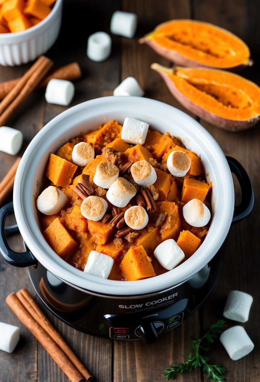 A slow cooker filled with sweet potato casserole surrounded by fresh sweet potatoes, cinnamon sticks, and marshmallows