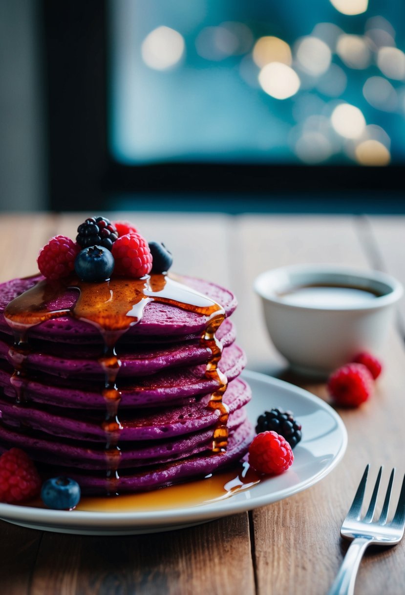 A stack of purple sweet potato pancakes with syrup and berries on a white plate