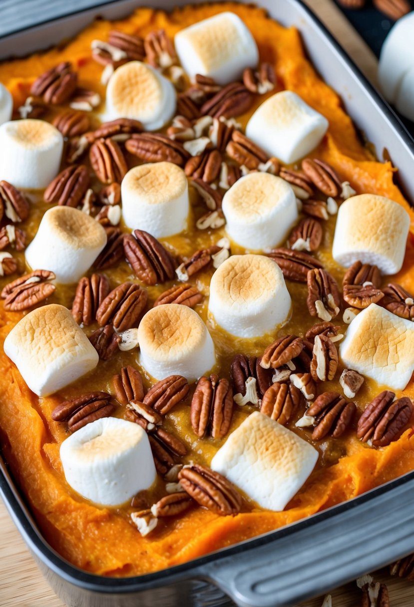 A baking dish filled with creamy sweet potato casserole topped with a golden-brown layer of melted marshmallows and crunchy pecans