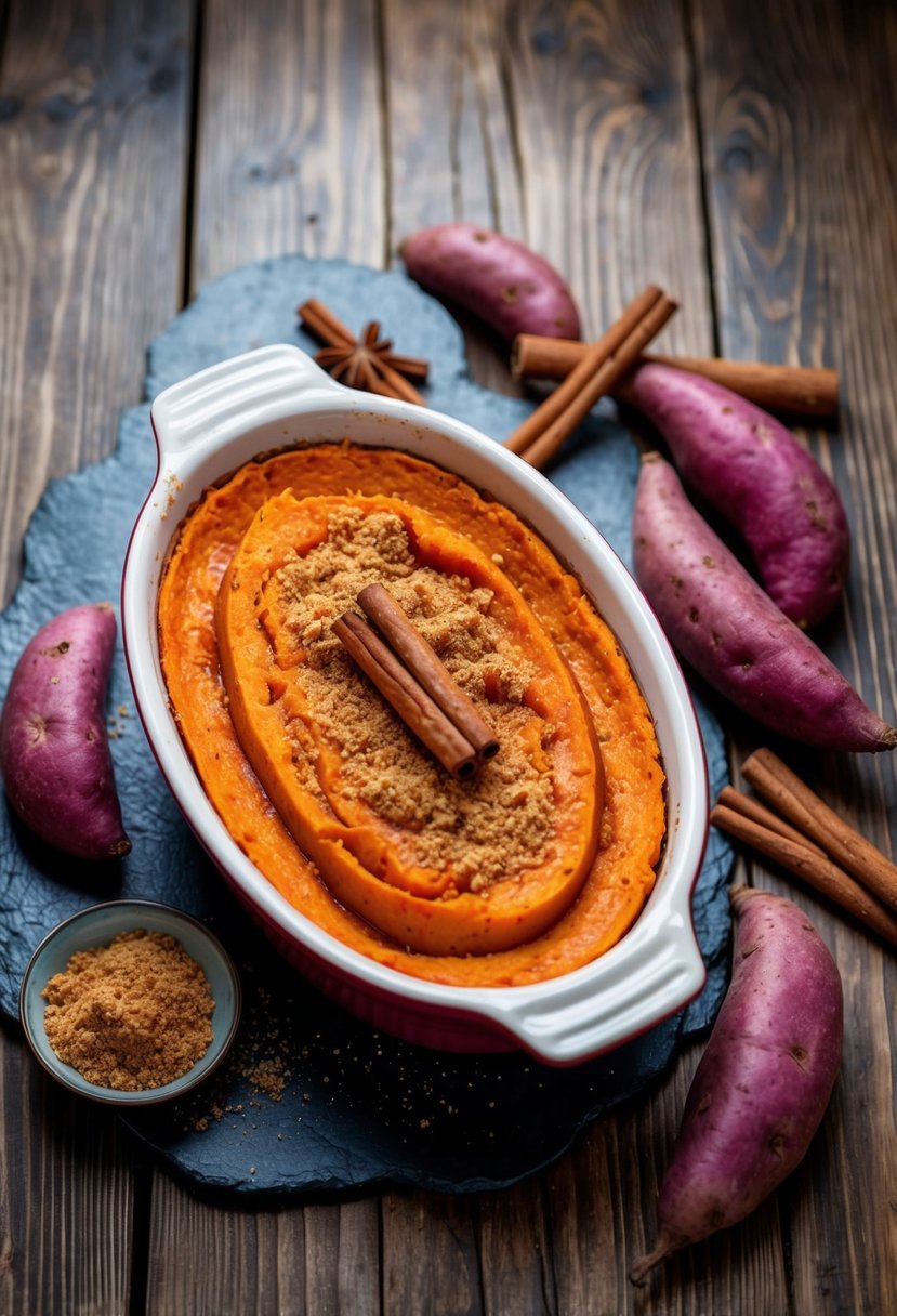 A rustic wooden table with a vibrant purple sweet potato casserole in a ceramic dish, surrounded by fresh purple sweet potatoes, cinnamon sticks, and a sprinkle of brown sugar