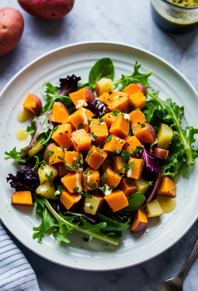 A vibrant purple sweet potato salad, with diced potatoes, mixed greens, and a drizzle of vinaigrette, arranged on a white ceramic plate