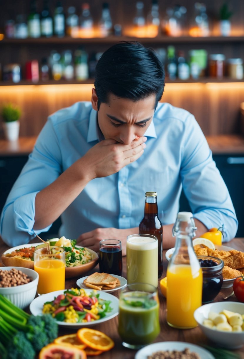 A person surrounded by various foods and beverages, experiencing discomfort from acid reflux