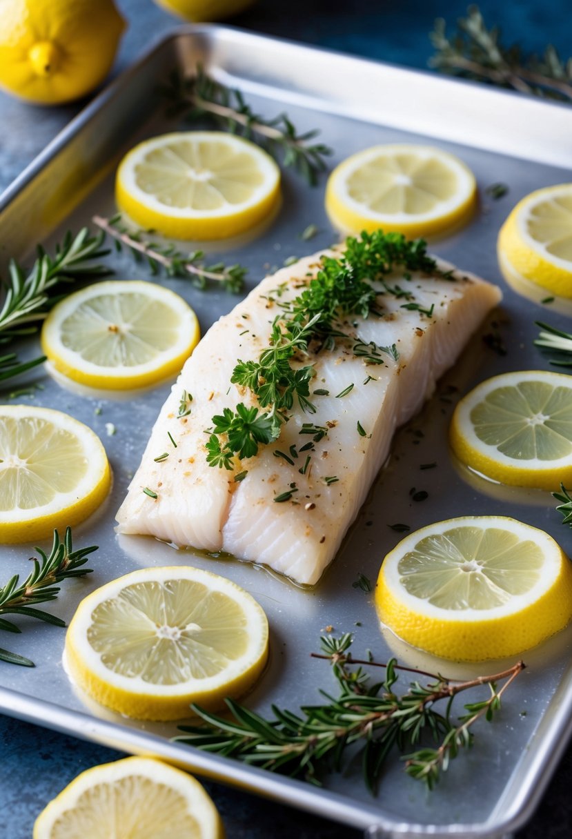 A piece of tilapia topped with fresh herbs sits on a baking sheet, surrounded by lemon slices and sprigs of rosemary and thyme