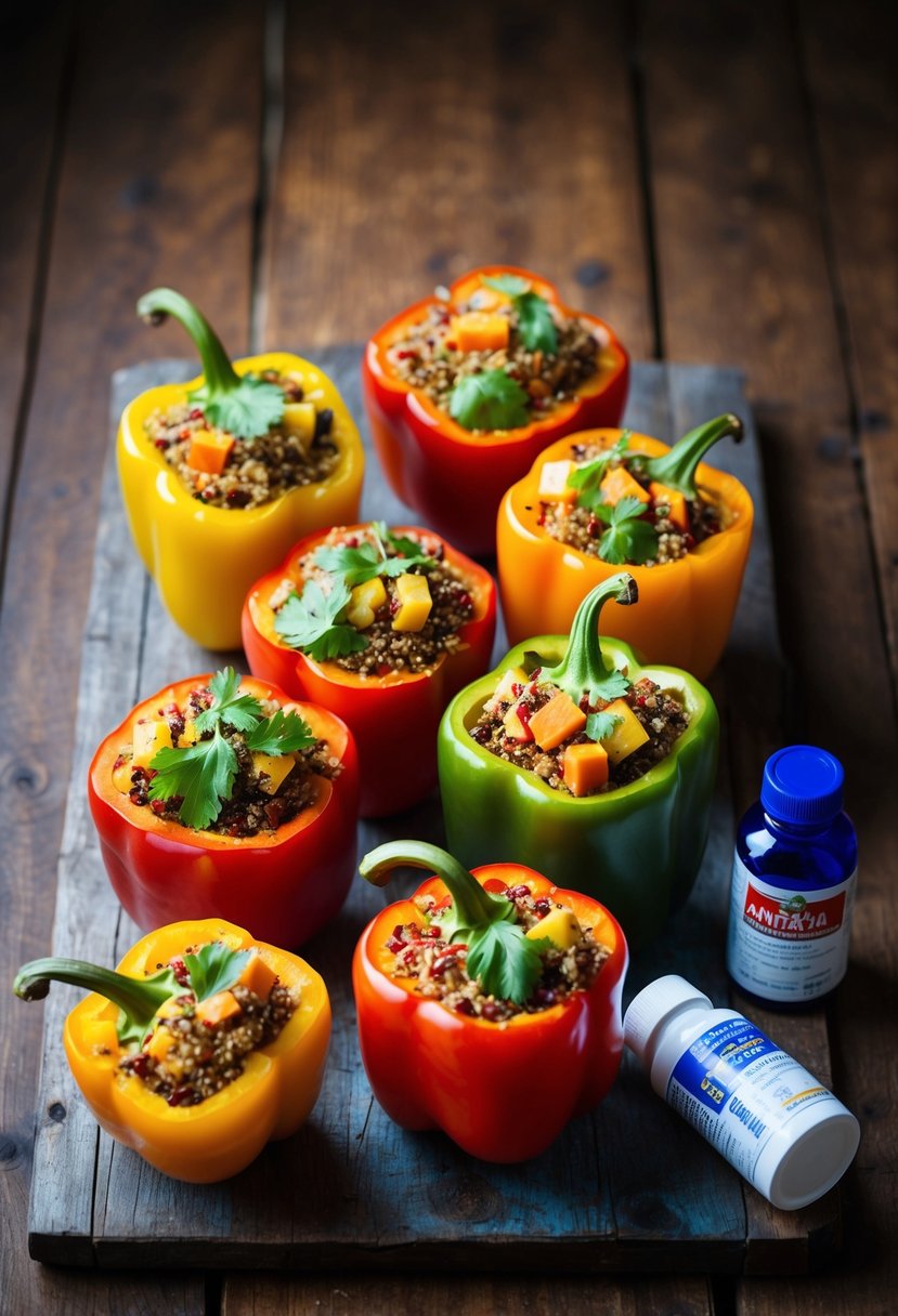 Colorful bell peppers stuffed with quinoa, vegetables, and herbs, arranged on a rustic wooden table next to a bottle of antacid