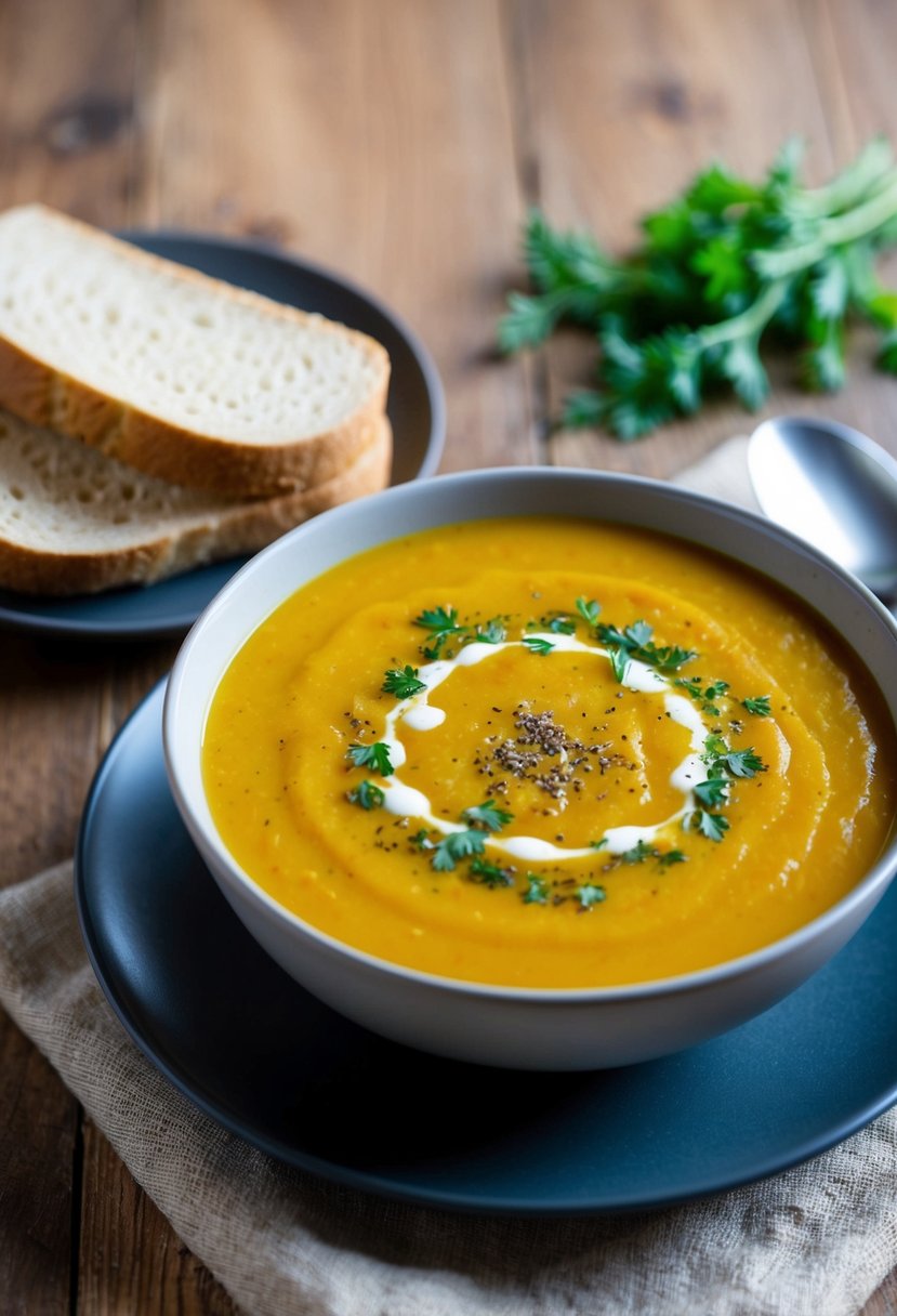 A steaming bowl of butternut squash soup with a sprinkle of herbs and a side of whole grain bread