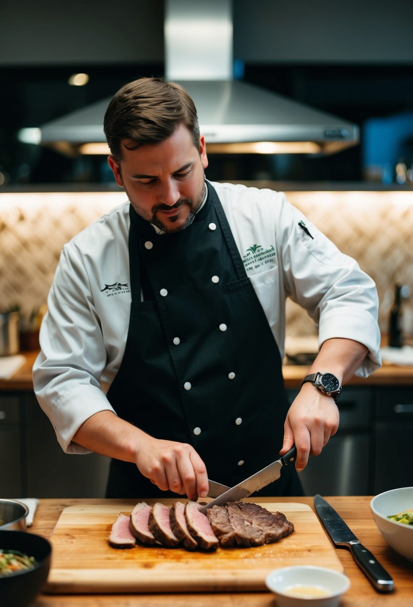 A chef slicing and marinating axis backstrap for a recipe