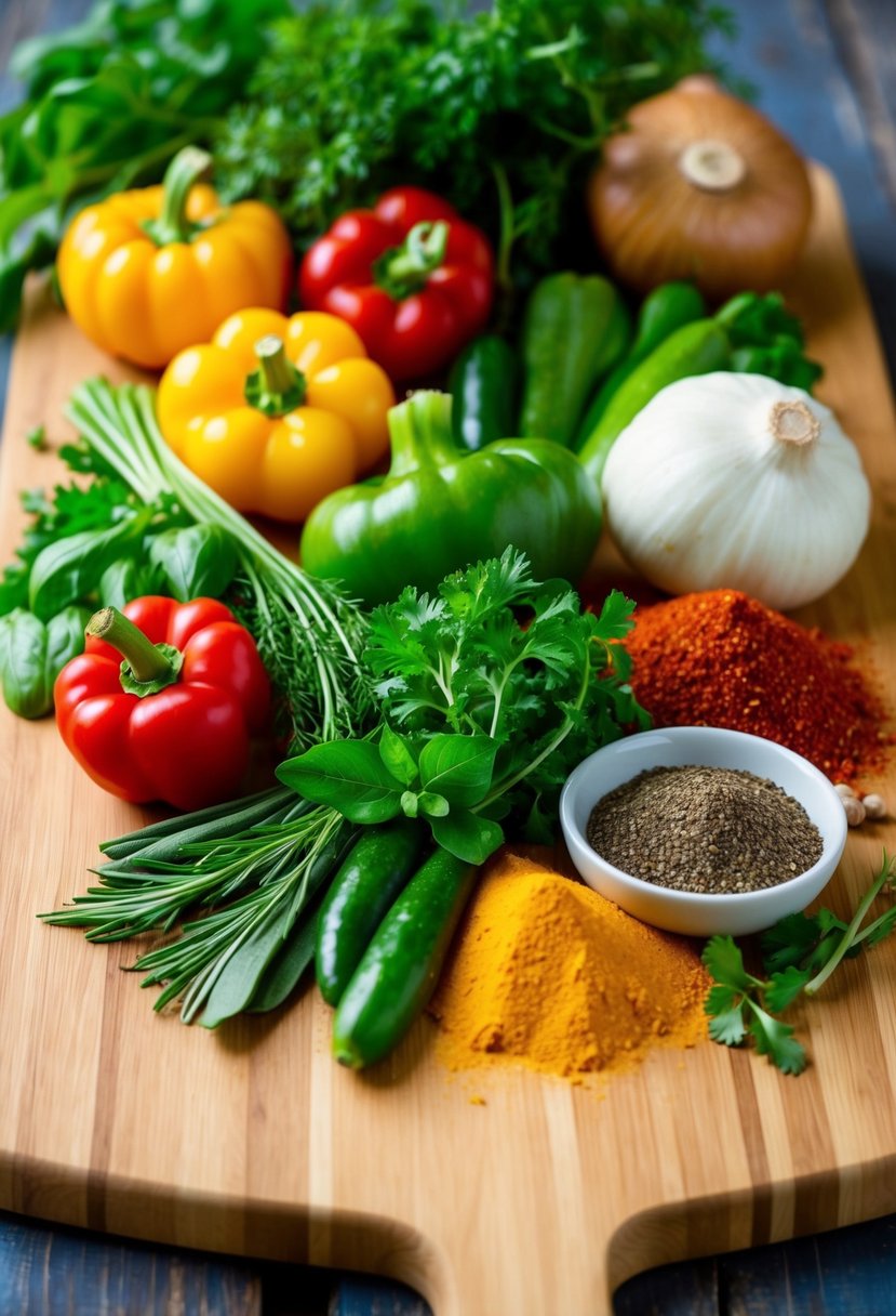 A wooden cutting board with a variety of fresh vegetables, herbs, and spices arranged in a visually appealing manner