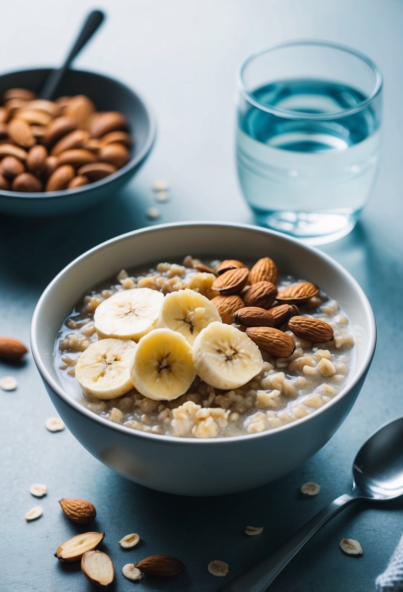 A bowl of oatmeal topped with sliced bananas and almonds, with a glass of water on the side