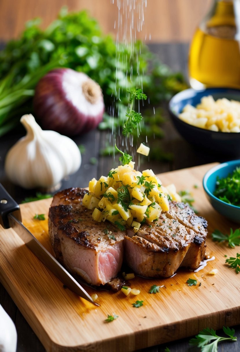 A sizzling axis backstrap is being stuffed with garlic and herbs on a wooden cutting board, surrounded by fresh ingredients