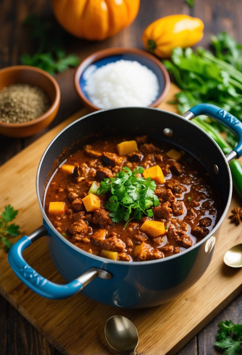 A pot of simmering axis deer chili surrounded by ingredients and spices on a wooden cutting board