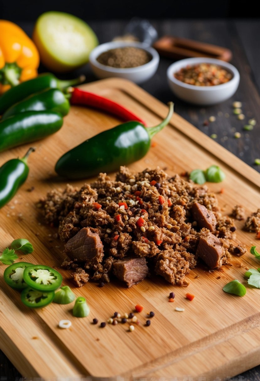 A cutting board with jalapeños, ground deer meat, and various spices scattered around