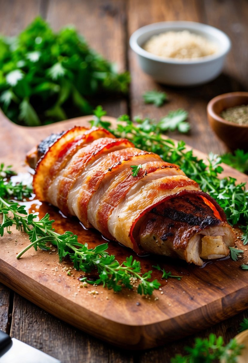 A sizzling, smoked bacon wrapped axis backstrap on a rustic wooden cutting board, surrounded by fresh herbs and spices