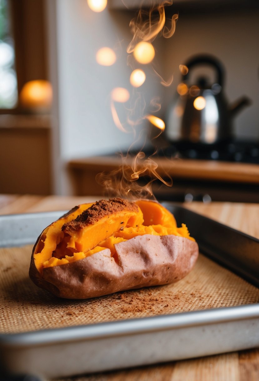 A sweet potato with cinnamon sits on a baking sheet in a warm, cozy kitchen. The aroma of the baked potato fills the air