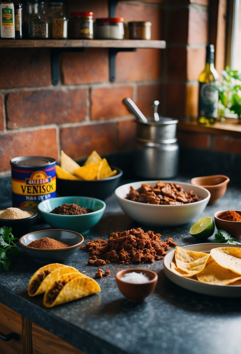 A rustic kitchen counter with Tex Mex ingredients scattered around, including ground venison, spices, and taco shells