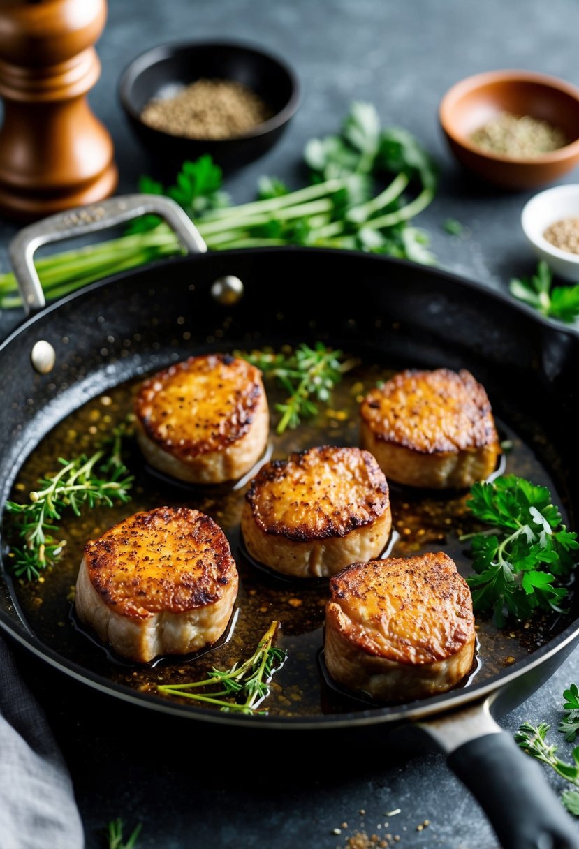 A sizzling skillet holds seared Axis medallions with a golden crust, surrounded by fresh herbs and spices