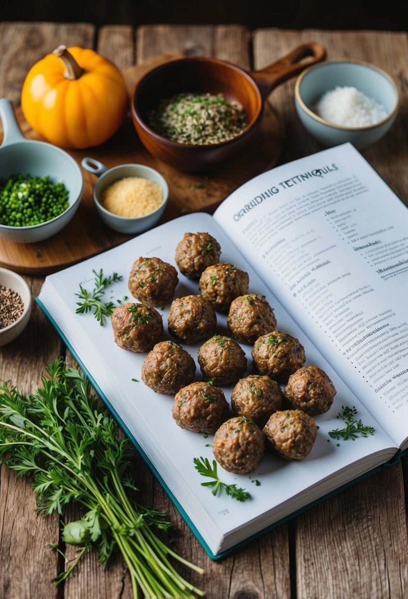 A rustic wooden table displays herb-infused deer meatballs, surrounded by ingredients and a recipe book open to a page on grinding techniques