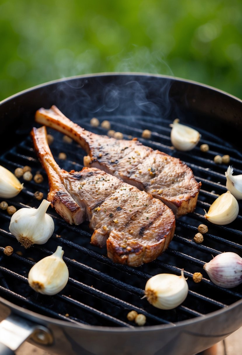 A seasoned axis backstrap sizzling on a hot grill, surrounded by garlic cloves and whole peppercorns