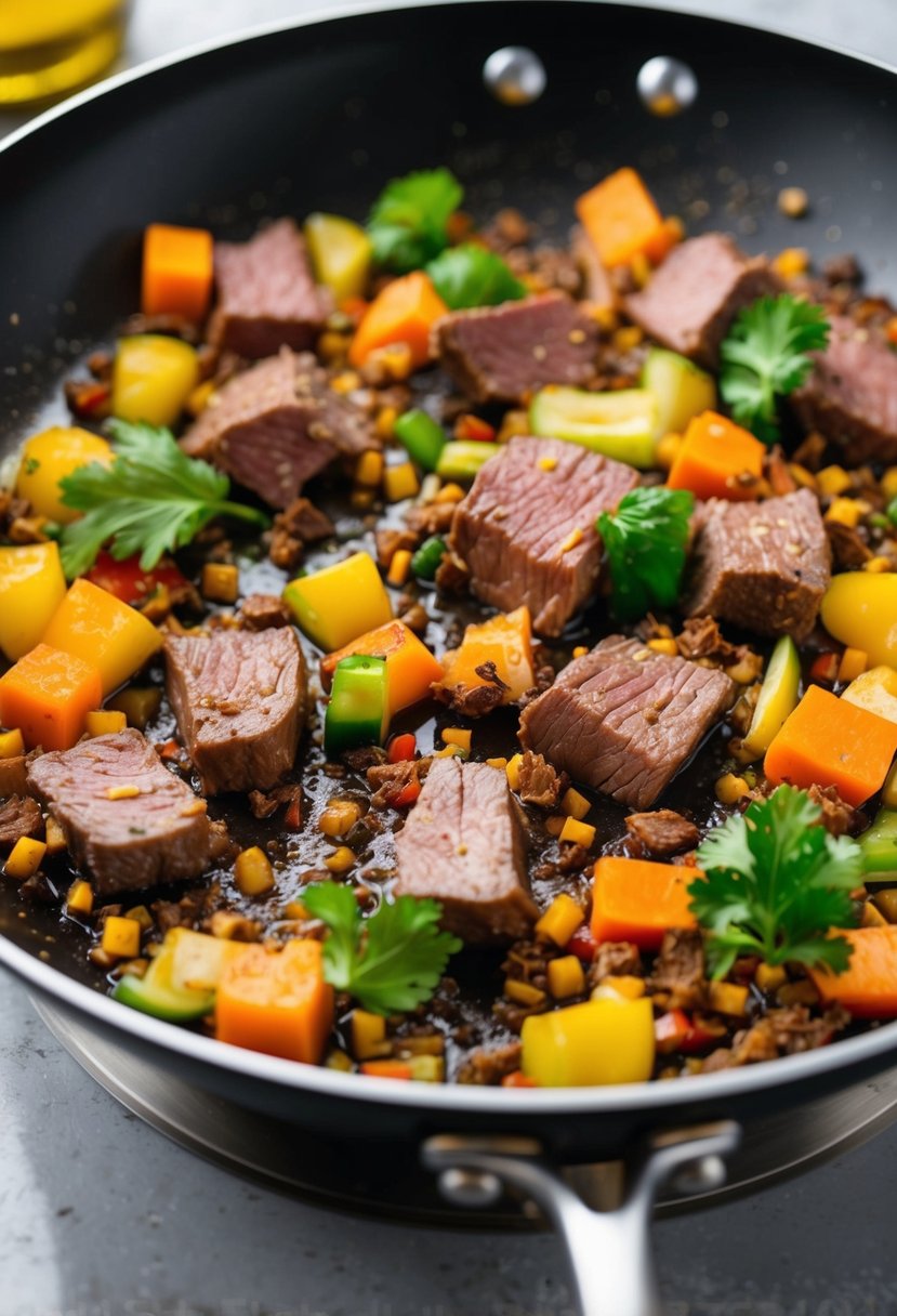 A sizzling stir-fry pan with diced axis deer meat, colorful vegetables, and aromatic spices