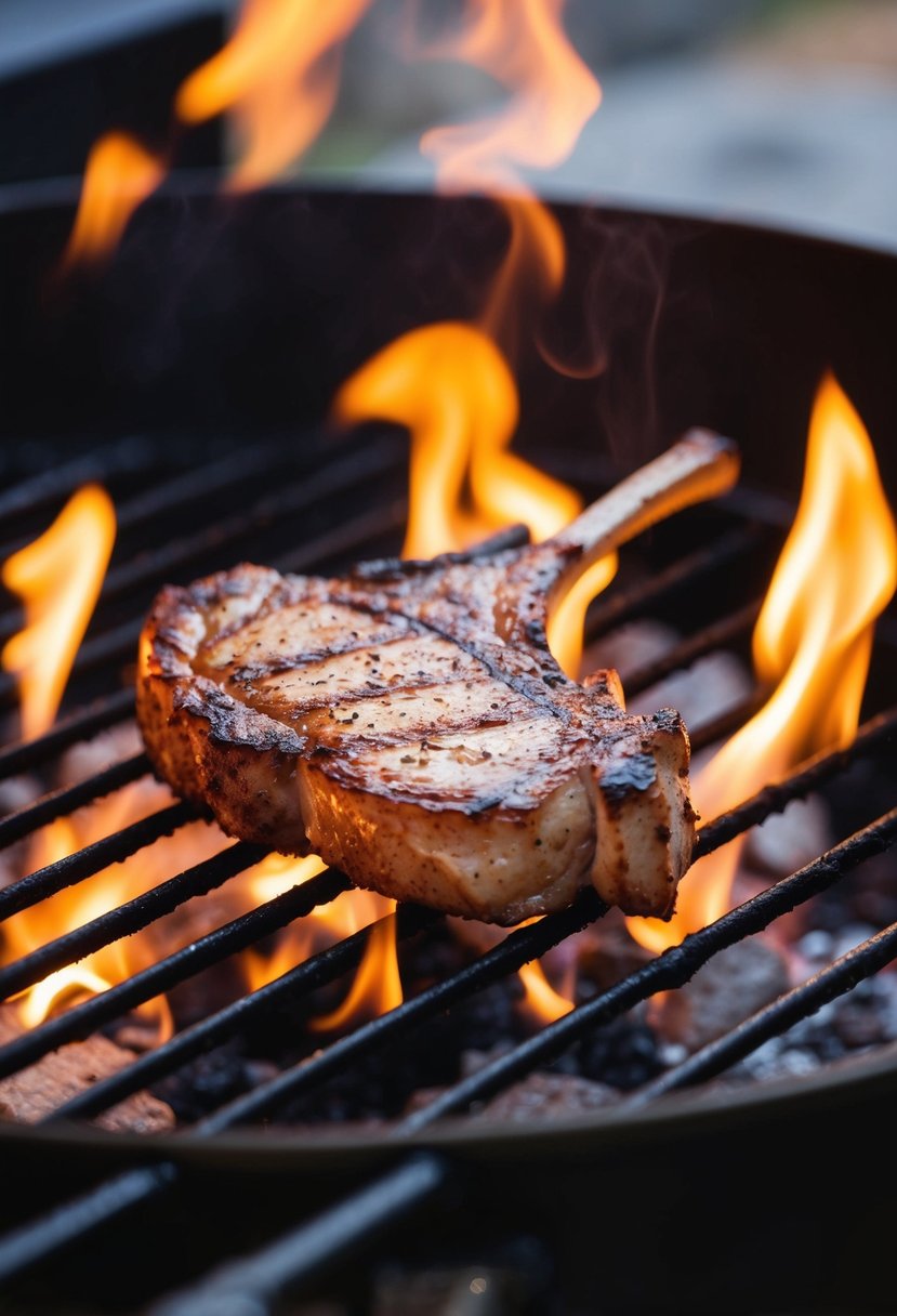 A sizzling backstrap chop searing on a hot grill over open flames