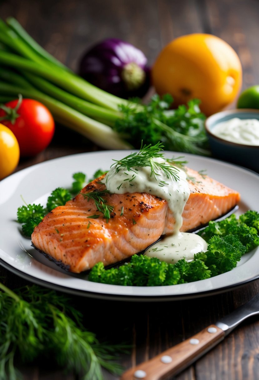 A plate of grilled salmon topped with dill sauce, surrounded by colorful vegetables and herbs