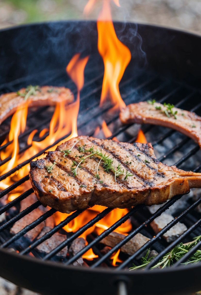 A sizzling grill with marinated axis venison backstrap cooking over open flames, surrounded by herbs and spices