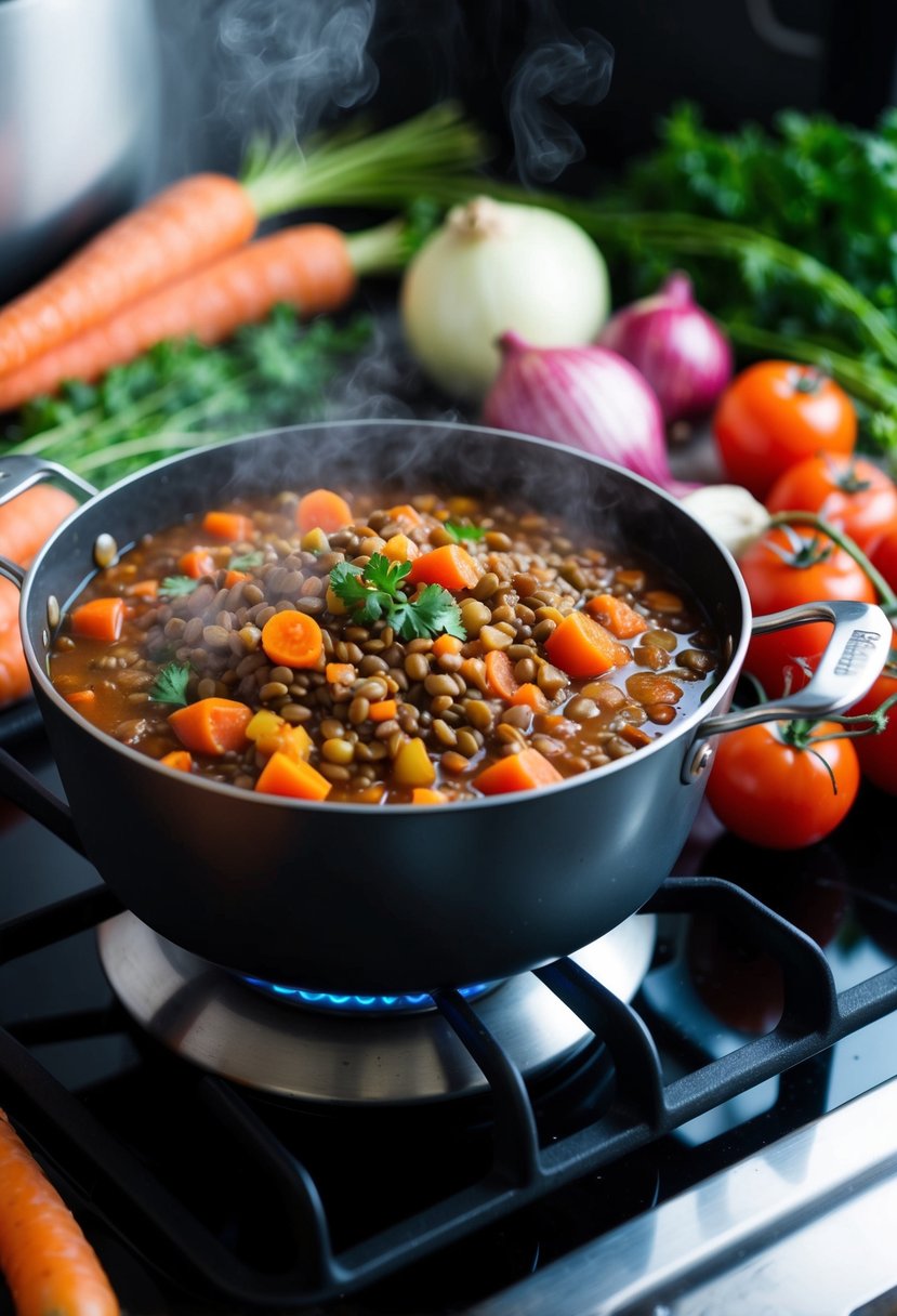 A steaming pot of vegetarian lentil stew simmering on a stovetop, surrounded by fresh ingredients like carrots, onions, and tomatoes