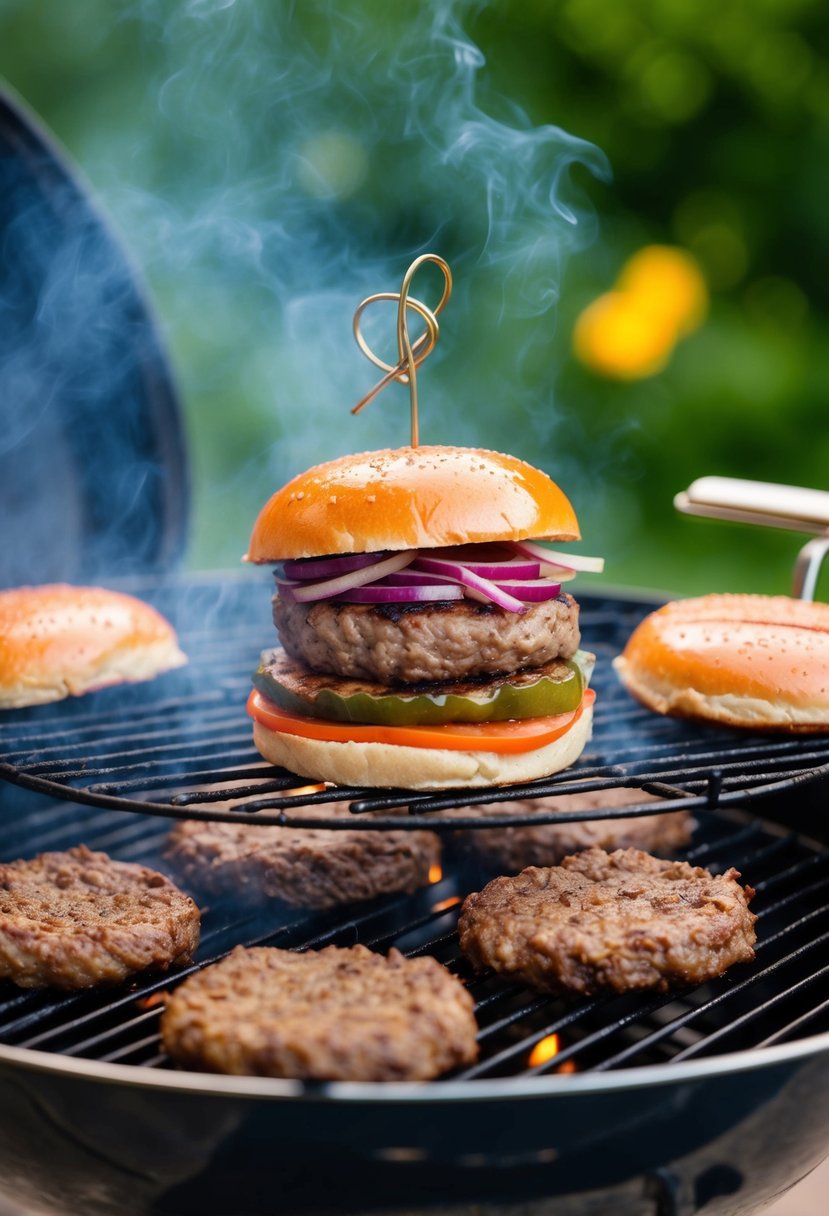 A sizzling barbecue grilling Axis Burgers with ground axis meat and secret recipes