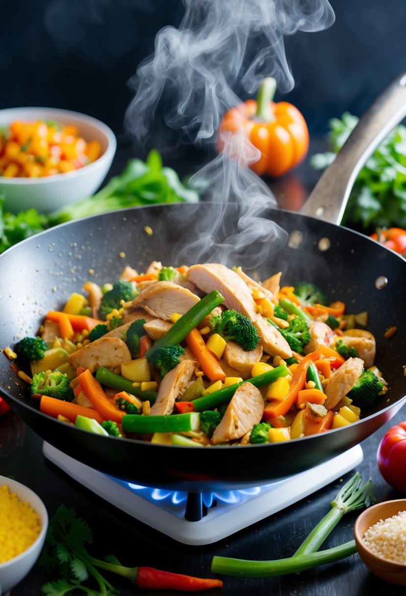 A sizzling wok filled with colorful turkey and vegetable stir-fry, steam rising, surrounded by vibrant fresh ingredients