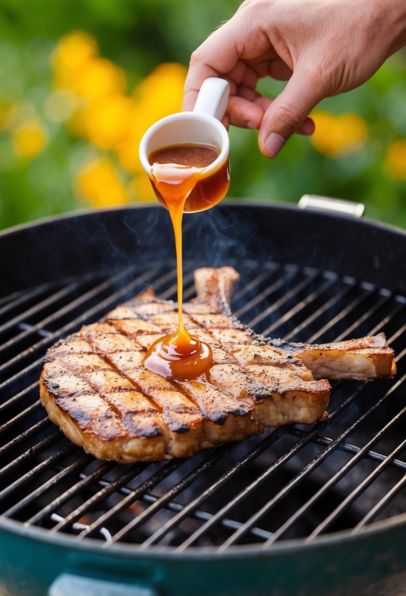 A sizzling axis backstrap grilling on a barbecue with Worcestershire sauce being drizzled over it