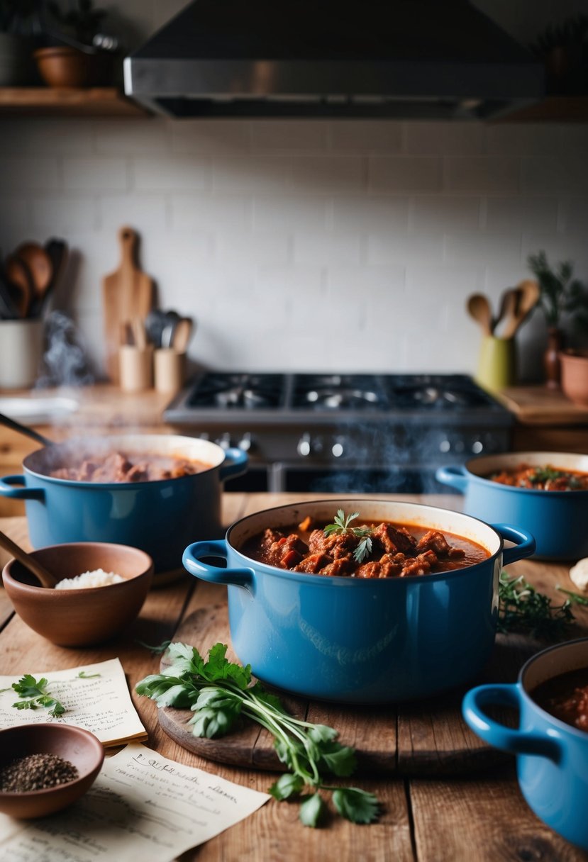 A rustic kitchen with simmering pots of smoky venison bolognese and scattered recipe notes