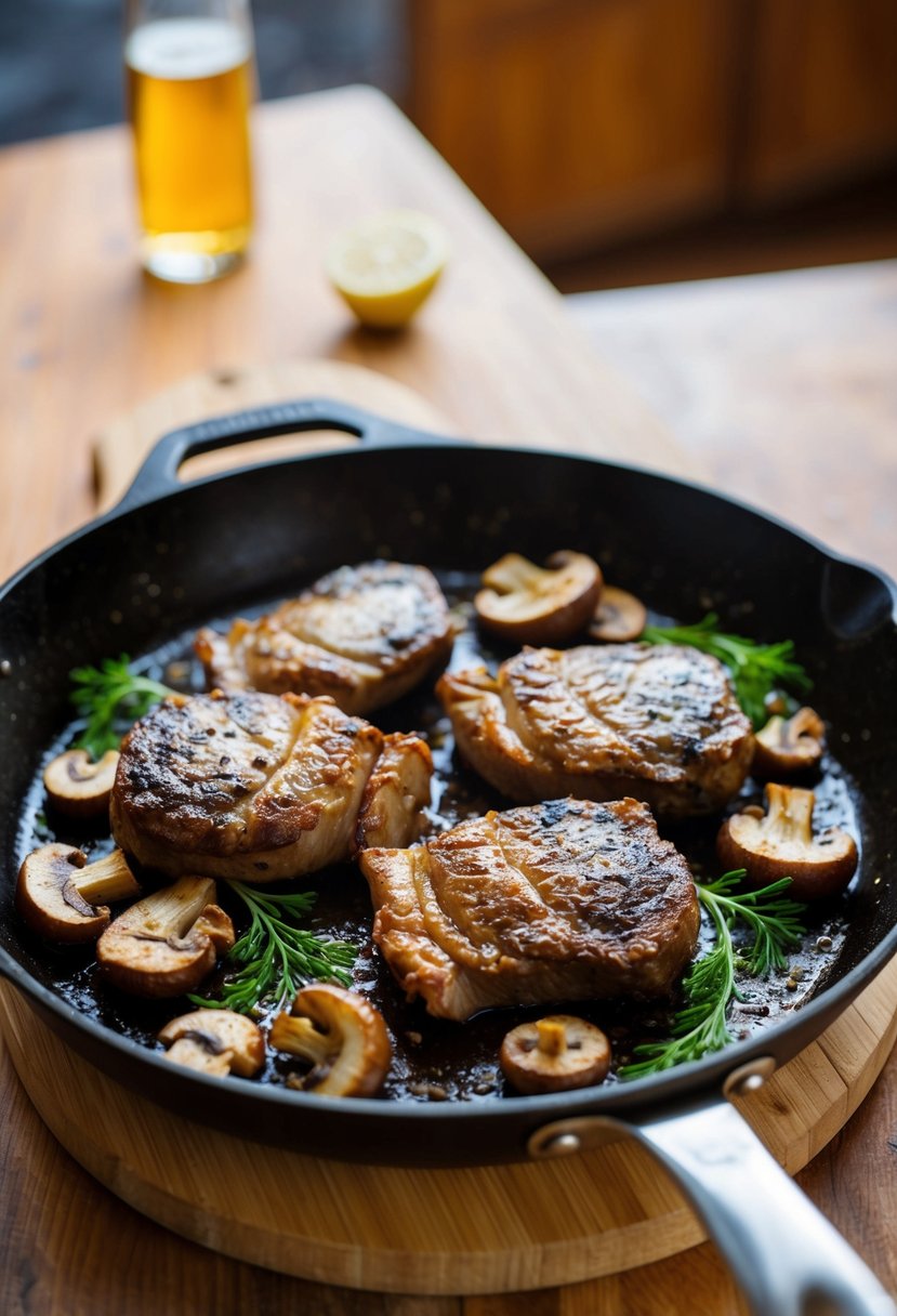 A sizzling skillet with juicy axis backstrap bites and sautéed mushrooms