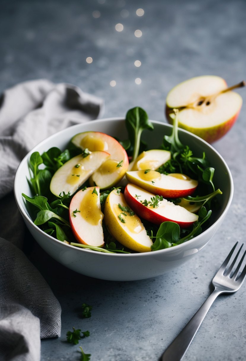 A bowl of sliced apples and pears mixed with greens and drizzled with vinaigrette