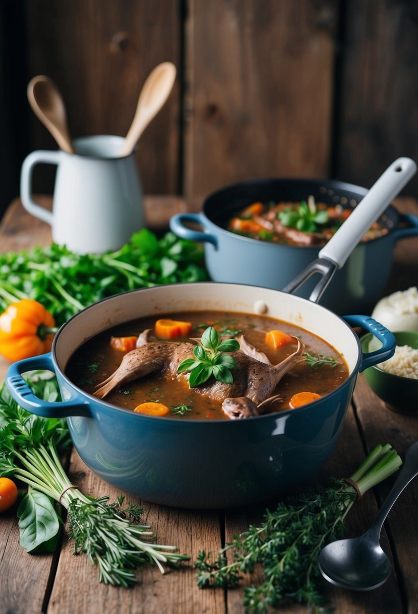 A rustic kitchen with a simmering pot of savory axis deer stew surrounded by fresh herbs and vegetables