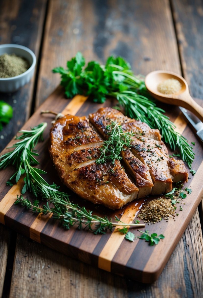 A rustic wooden cutting board with a seasoned, cooked axis backstrap surrounded by fresh herbs and spices