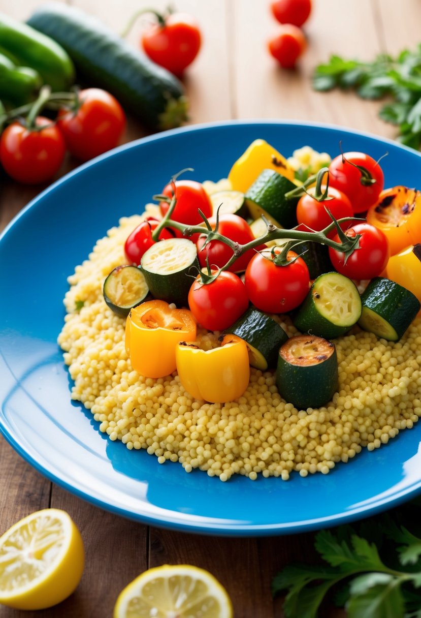 A colorful plate of couscous with an assortment of roasted vegetables, including bell peppers, zucchini, and cherry tomatoes, arranged in an appealing and appetizing manner