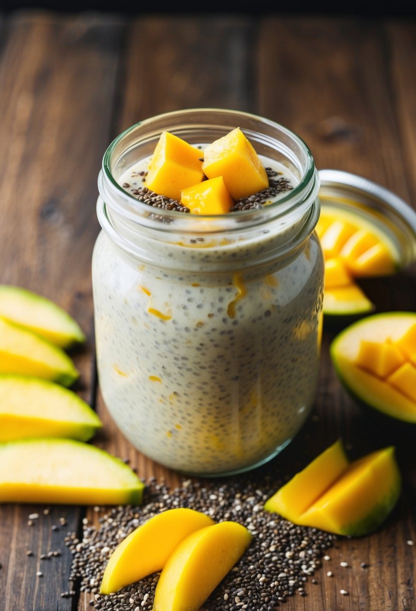 A glass jar filled with creamy mango chia seed pudding sits on a wooden table, surrounded by fresh mango slices and a scattering of chia seeds