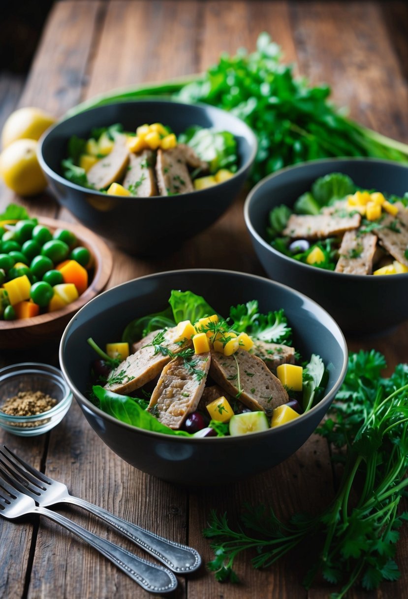 A rustic wooden table with a set of stylish salad bowls filled with axis backstrap salad ingredients, surrounded by fresh produce and herbs