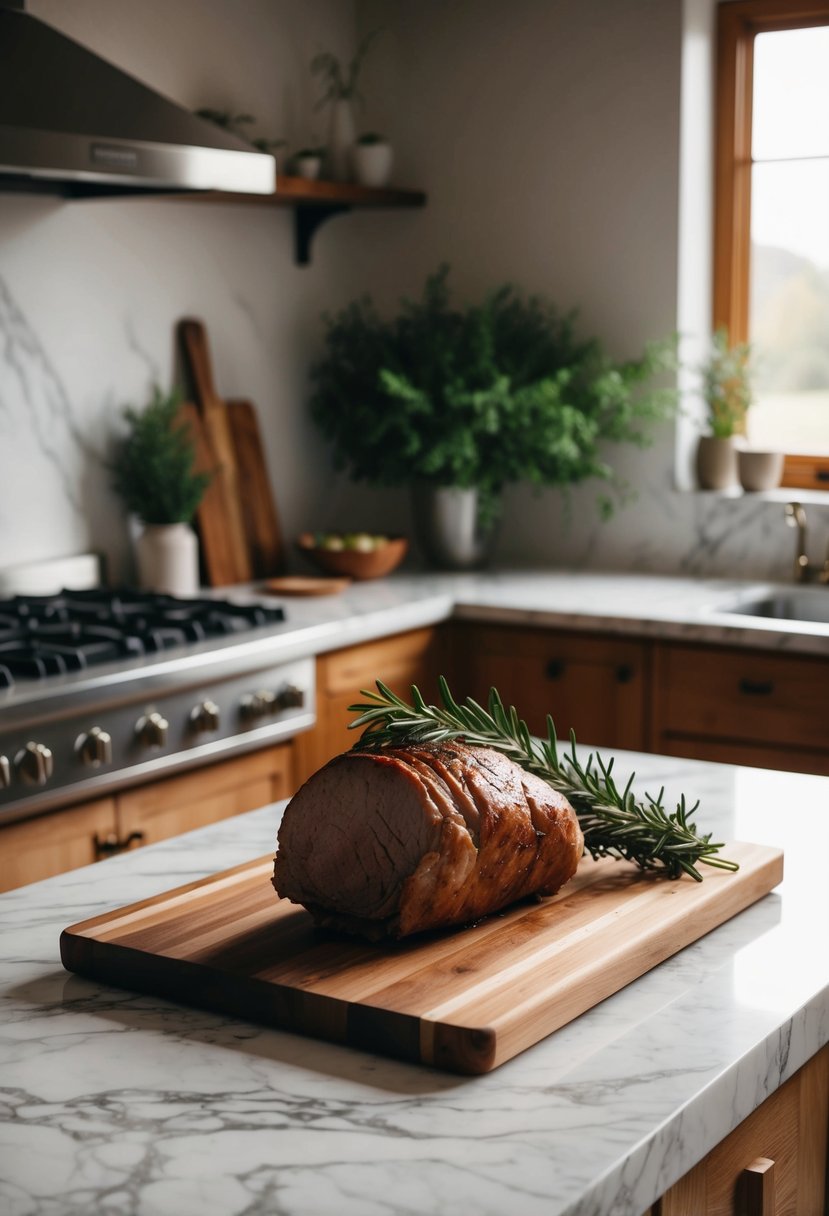 A rustic kitchen with fresh rosemary, venison roast, and a wooden cutting board on a marble countertop