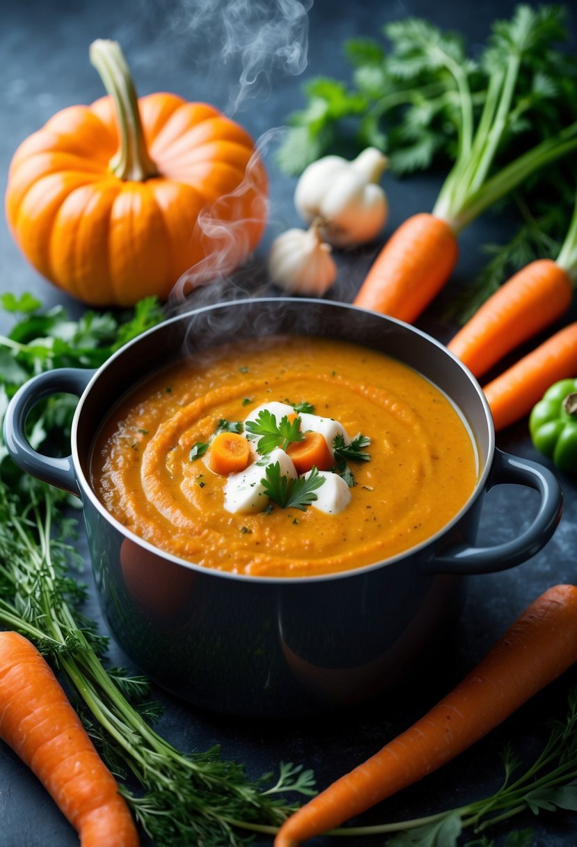 A steaming pot of pumpkin and carrot soup surrounded by fresh vegetables and herbs