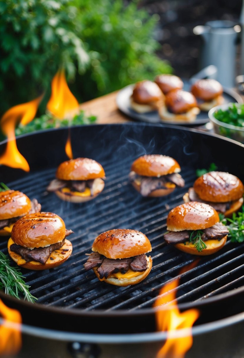 A sizzling grill with venison sliders cooking, surrounded by fresh herbs and spices