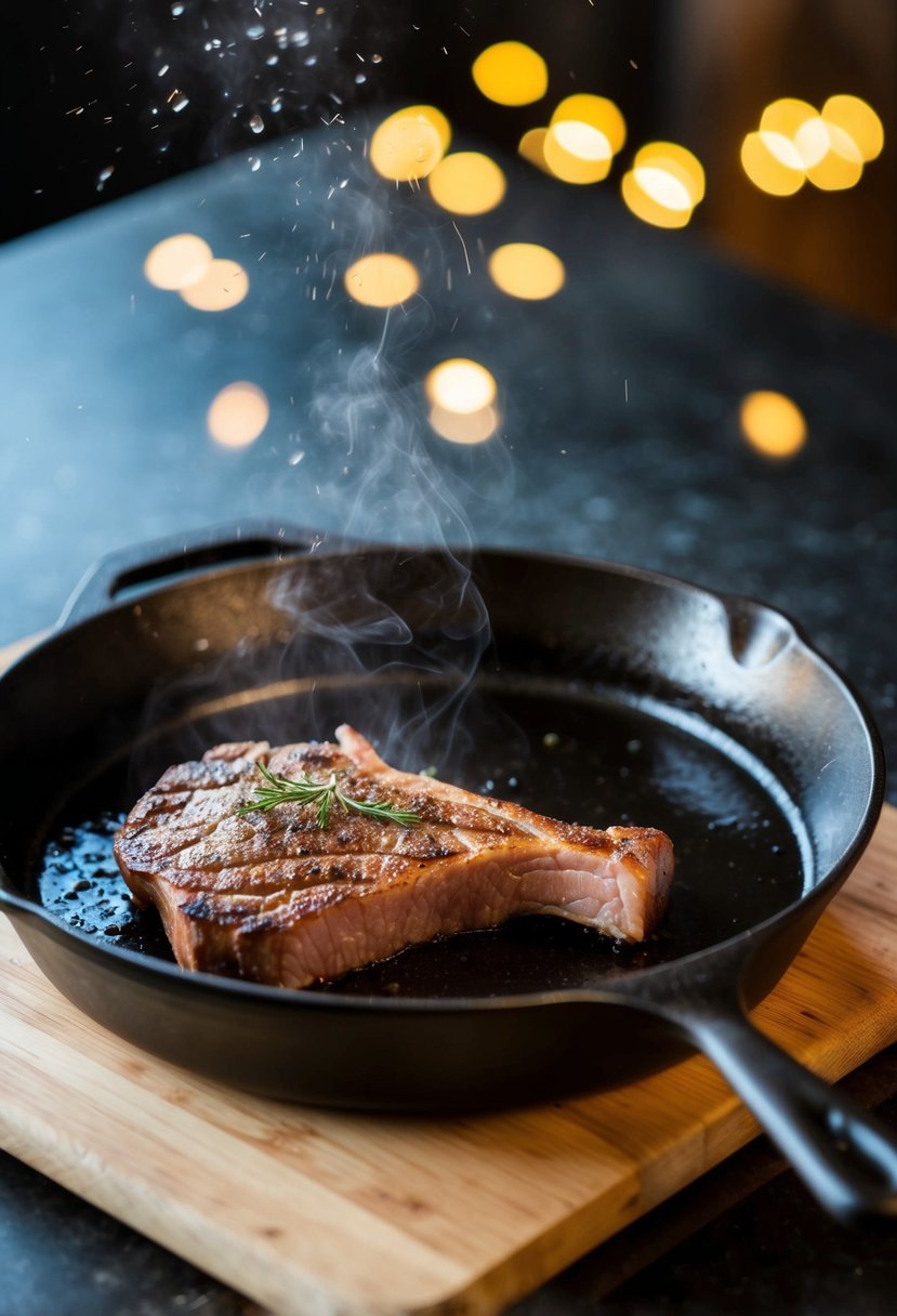 A sizzling cast iron skillet sears a juicy axis backstrap