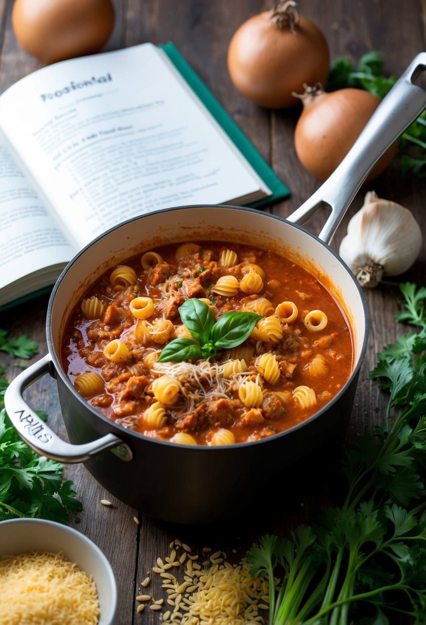 A pot simmering with axis deer pasta sauce, surrounded by ingredients and a recipe book open to ground axis recipes