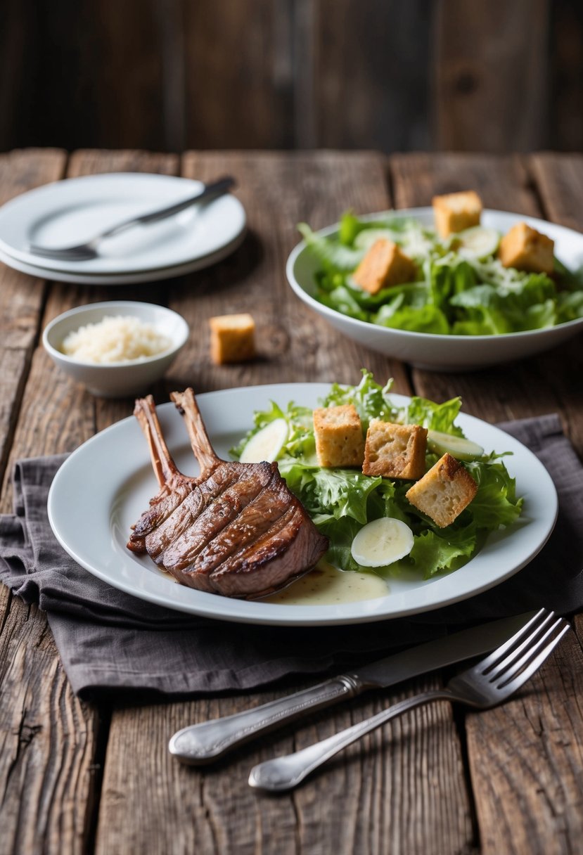 A rustic wooden table set with a plate of grilled venison backstrap served with a side of fresh Caesar salad, adorned with croutons and Parmesan cheese