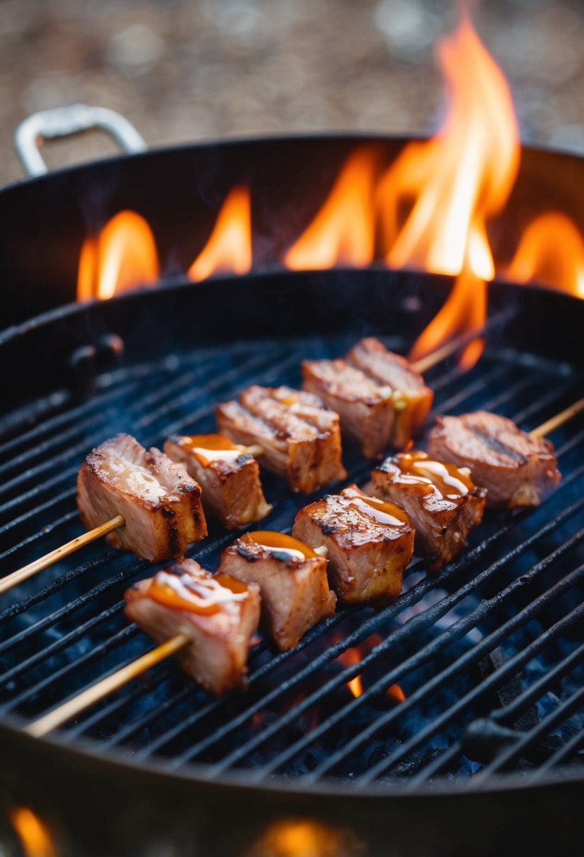 Venison skewers grilling over open flame with maple glaze dripping